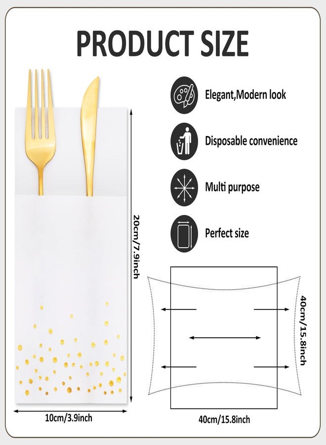 JarThenaAMCS 50Pcs Disposable Linen-Feel Dinner Napkins with Built-in Flatware Pockets White Gold Foil Dots Prefolded Cloth Like Paper Napkin with Cutlery Pouch for Dining Party Table Service Decor - Image 2